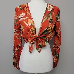 American Rag floral bell sleeves tie up top